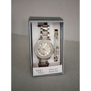 Time and Tru Mens Silver Tone Crystal Watch and Bangle Set